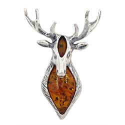 Silver and Baltic amber stag's head pendant, stamped 925 