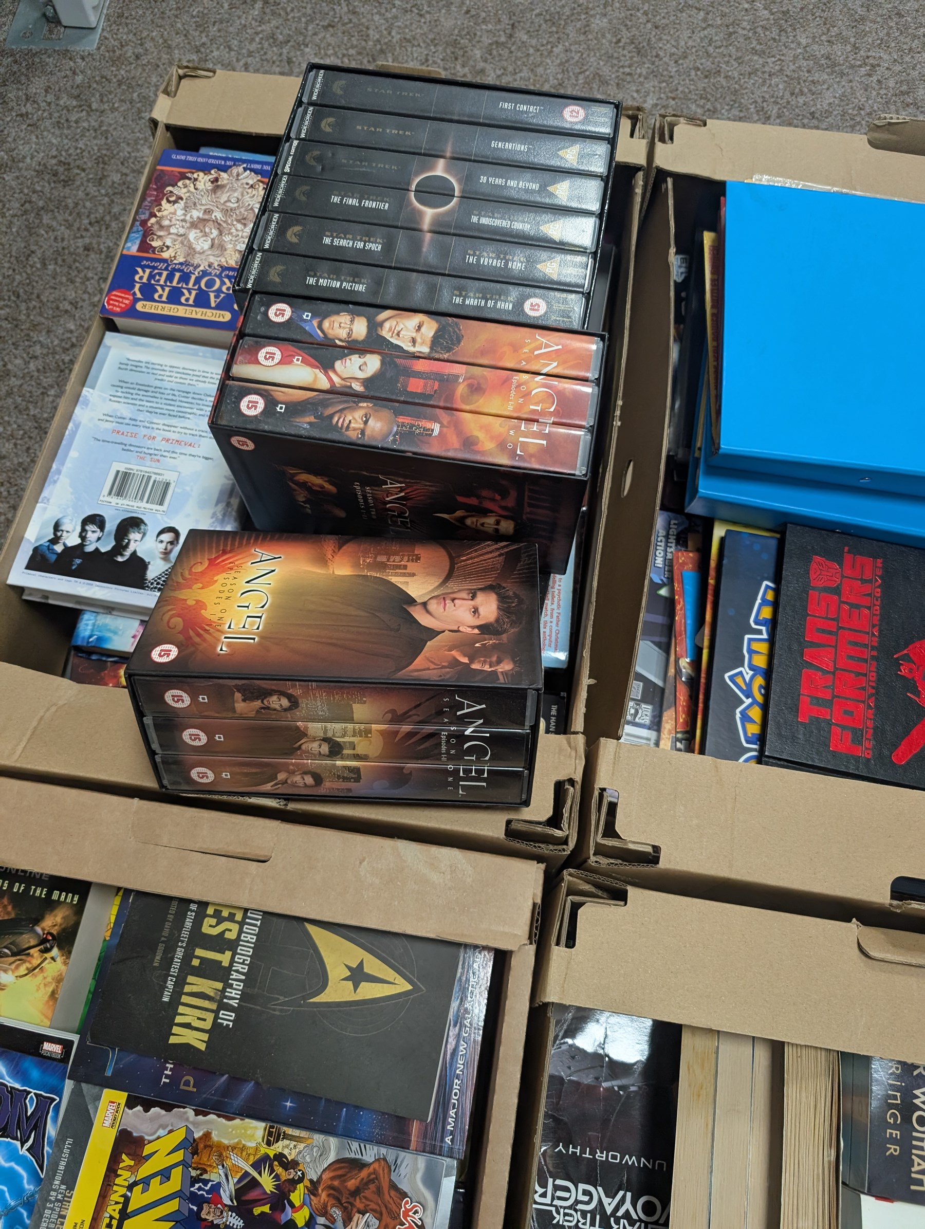 Collection of Sci-Fi related books, collectables and ephemera, including Star Wars, Buffy, Star Trek, Doctor Who and James Bond, together with other novels and non-fiction books, in six boxes