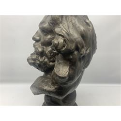 Large 19th century heavy cast iron bust of Greek god Zeus, upon socle base, approximately H49cm