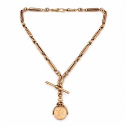 Early 20th century 9ct rose gold fancy link Albert chain, with rose gold swivel fob, monog...