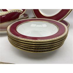 Wedgwood Ulander powder ruby pattern part dinner service, comprising six dinner plates, six side plates, six dessert plates, six soup bowls and sauce boat