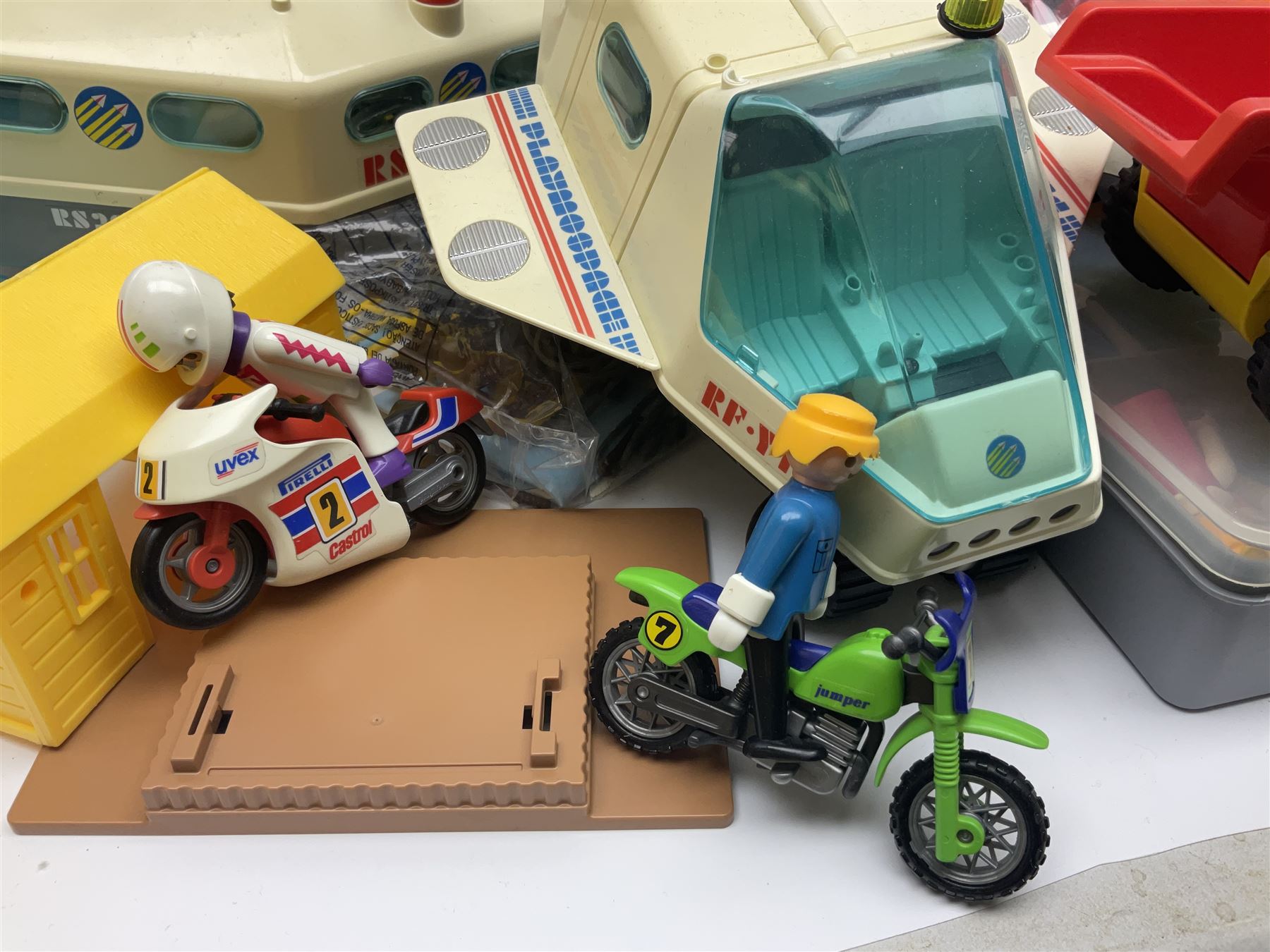 Collection of 1980s/90s Playmobil - vehicles including Fire-Engine No.21, Mobil Crane No.28, Quick Service Truck No.1 with trailer, Dumper Truck, GSL Sports car, GS Turbo car and three motorcycles; together with boxed Knights Tournament Set, Playmospace Space Station and Shuttle, wigwam and various accessories and figures etc