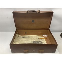 Three shooting sticks, together with four vintage leather brown suitcases of various sizes, largest suitcase H40cm L65cm 