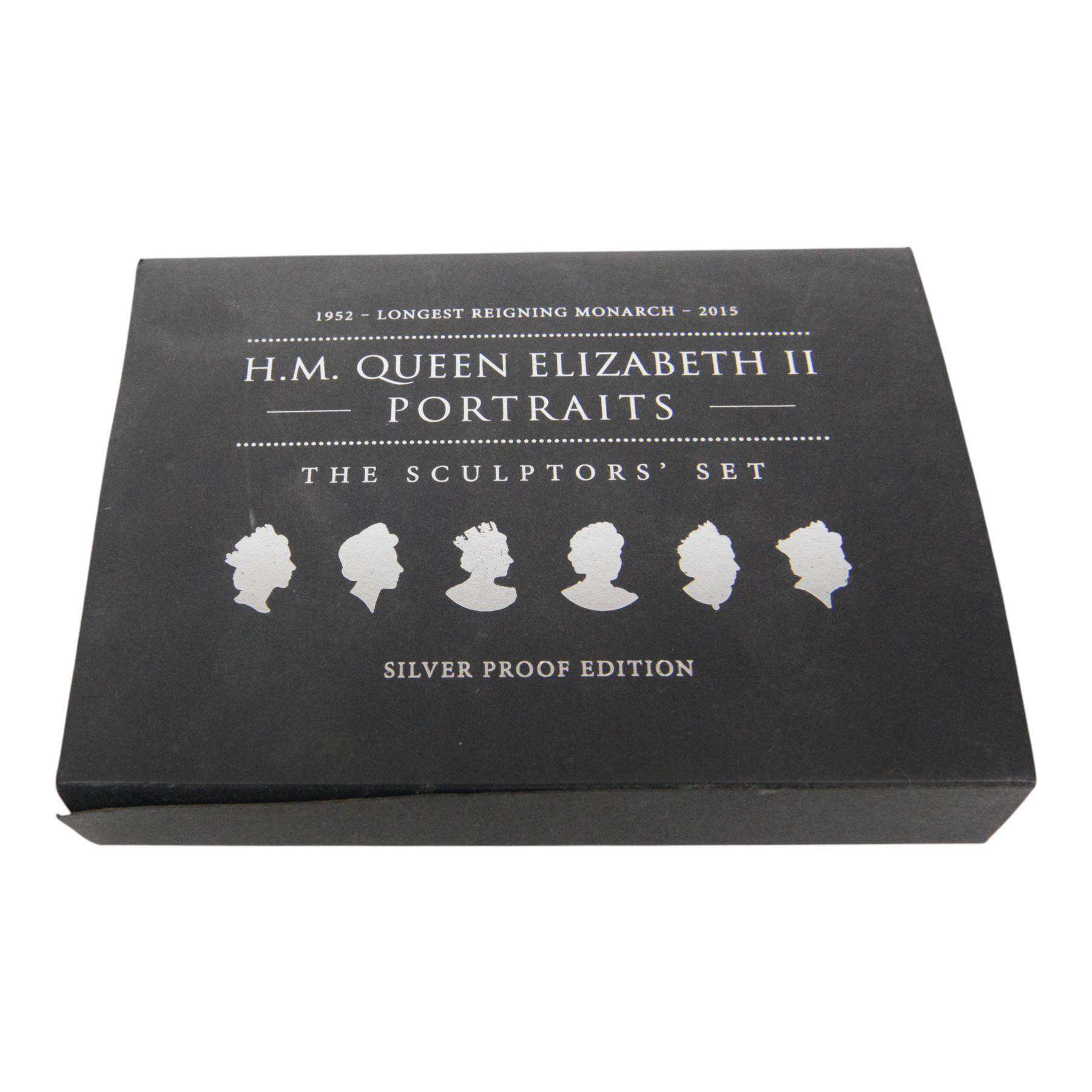 Queen Elizabeth II Jersey 2015 'H.M. Queen Elizabeth II Portraits The Sculptors' Set', comprising six silver proof five pound coins, cased with certificate