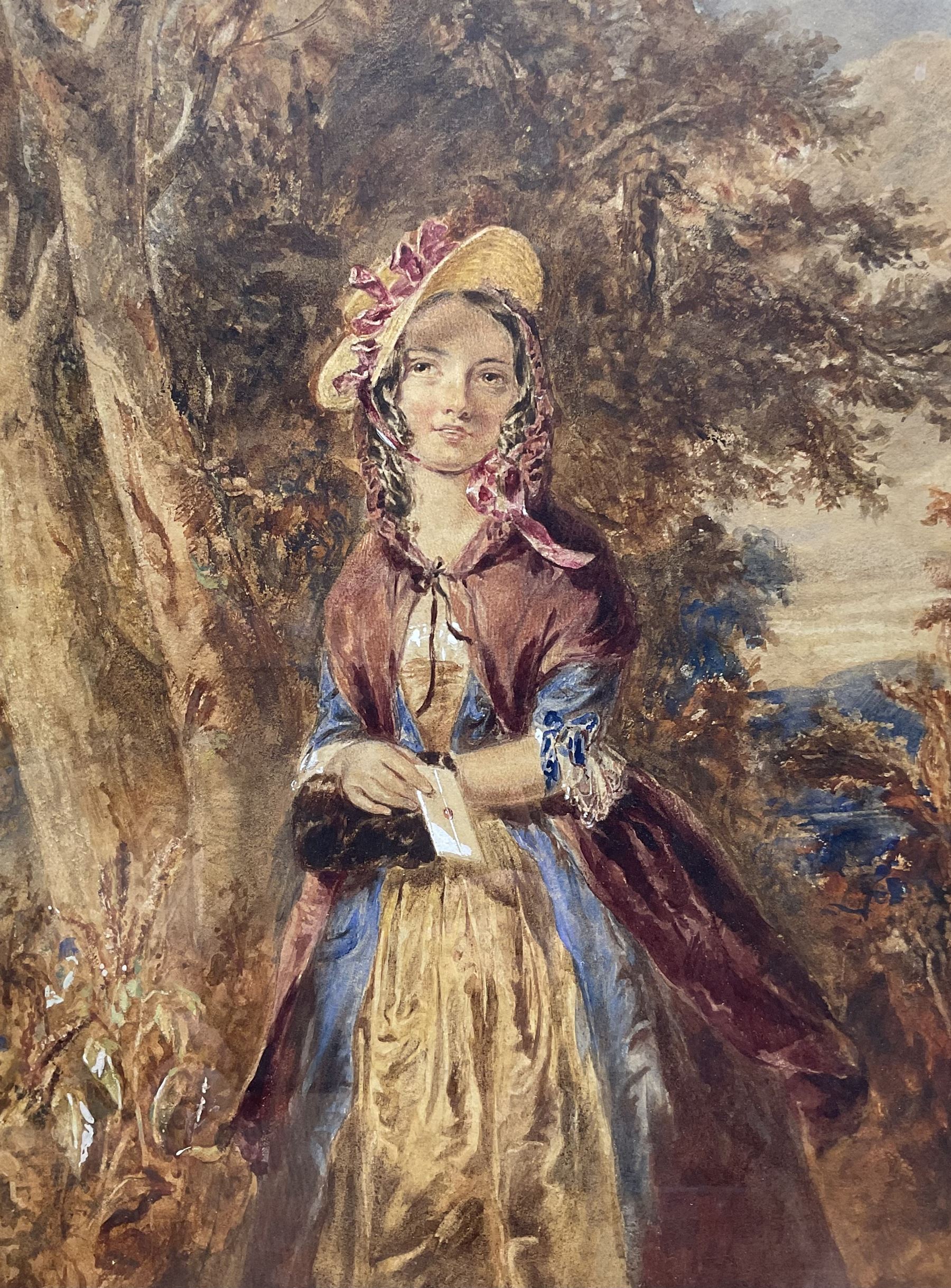 Octavius Oakley RWS (British 1800-1867): Portrait of a Lady holding a Letter, thought to be Dolly Varden, watercolour unsigned 40cm x 29cm 
Provenance: with Christie's 18th September 1996 Lot 237