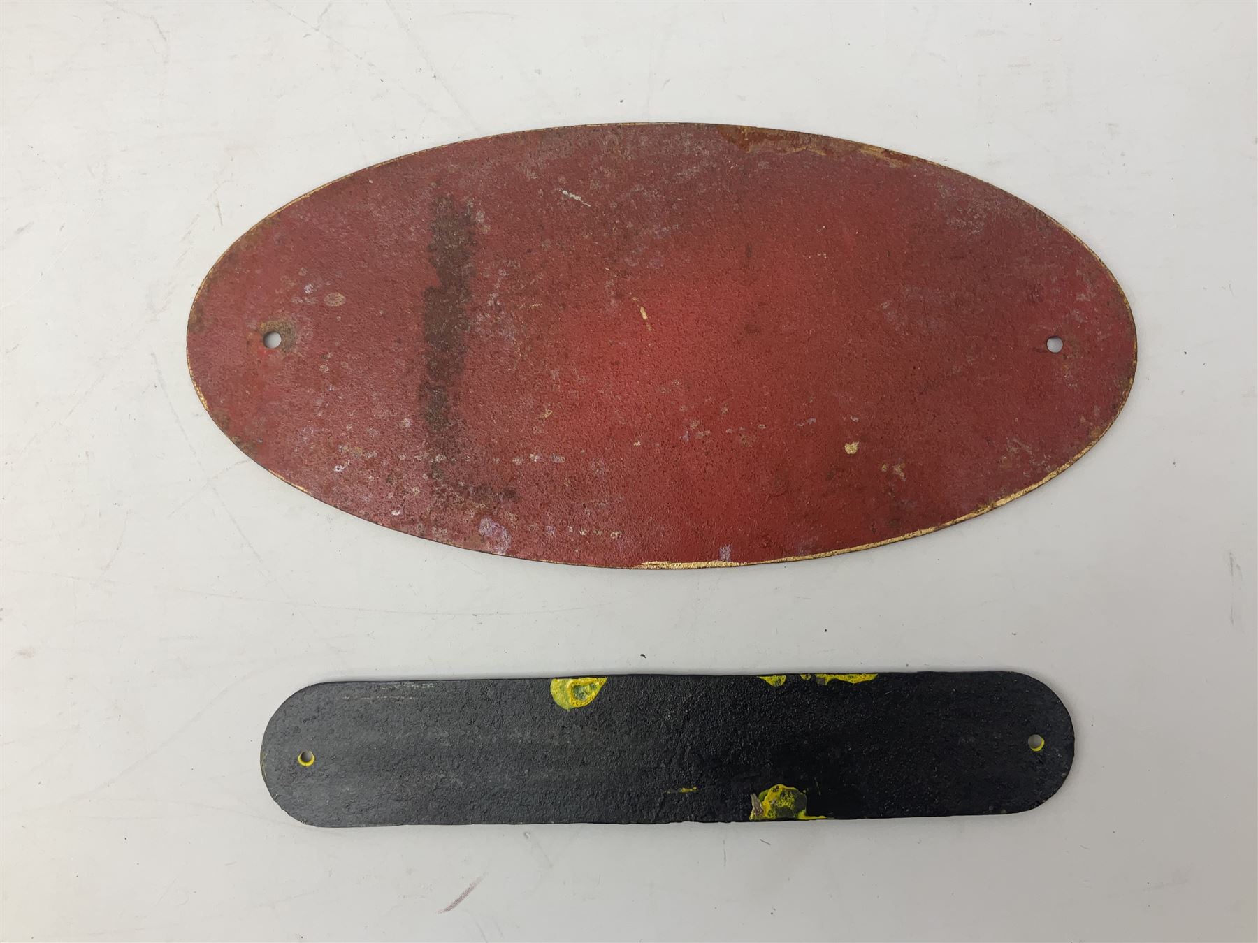 Bugatti cast iron sign with a red background, Shell Oil cast iron sign with gold background, together with Land Rover oil can, motorist warning lamp & torch tool kit and other motoring items 