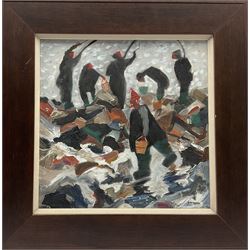 Sue Atkinson (British 1949-): 'September Fishing, Runswick Bay', oil on canvas signed, titled verso 39cm x 39cm 
Provenance: with Walker Galleries Harrogate, label verso