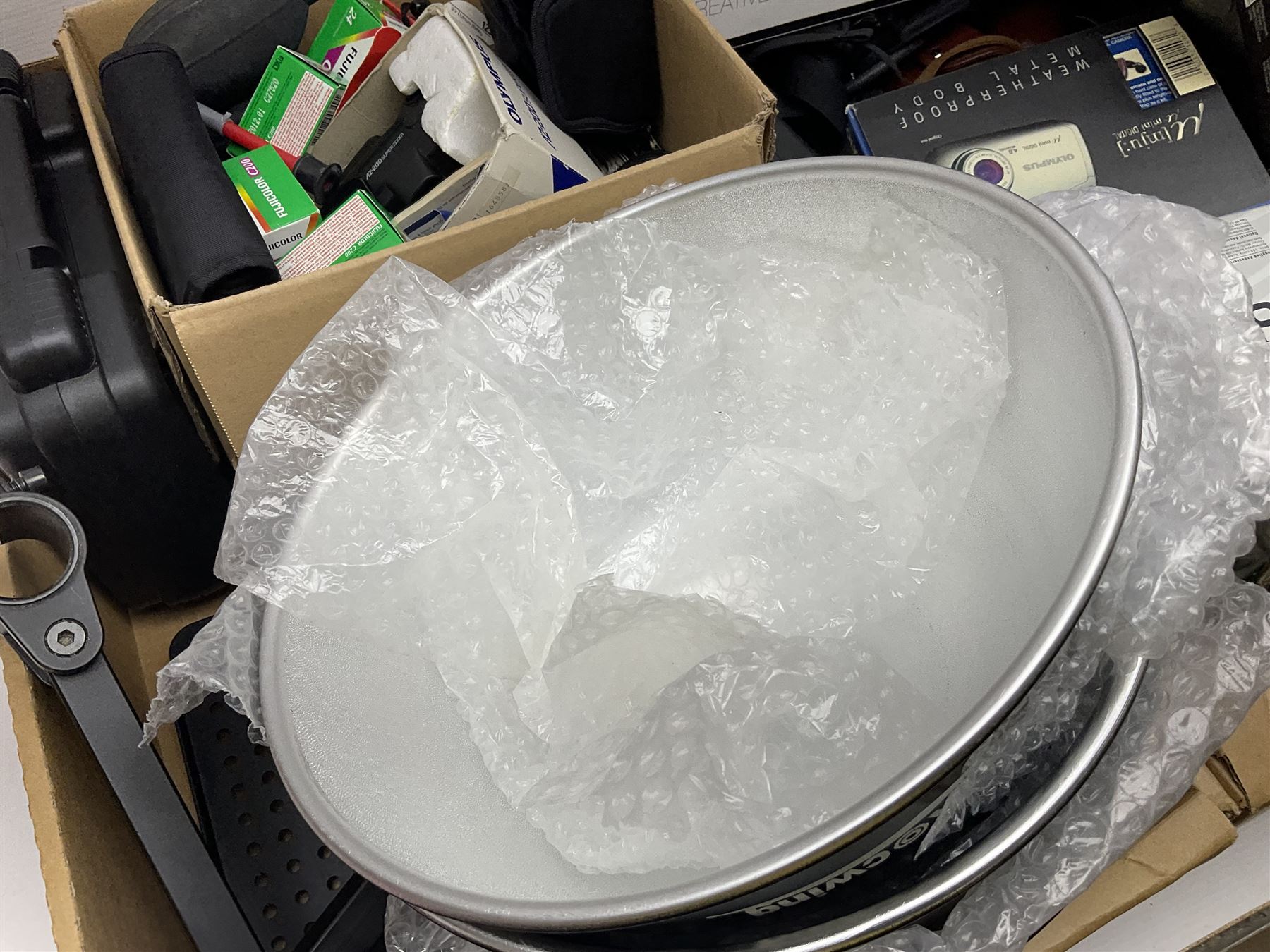 Rocwing photography studio lighting stands and shades, together with digital cameras and other camera equipment, in three boxes  