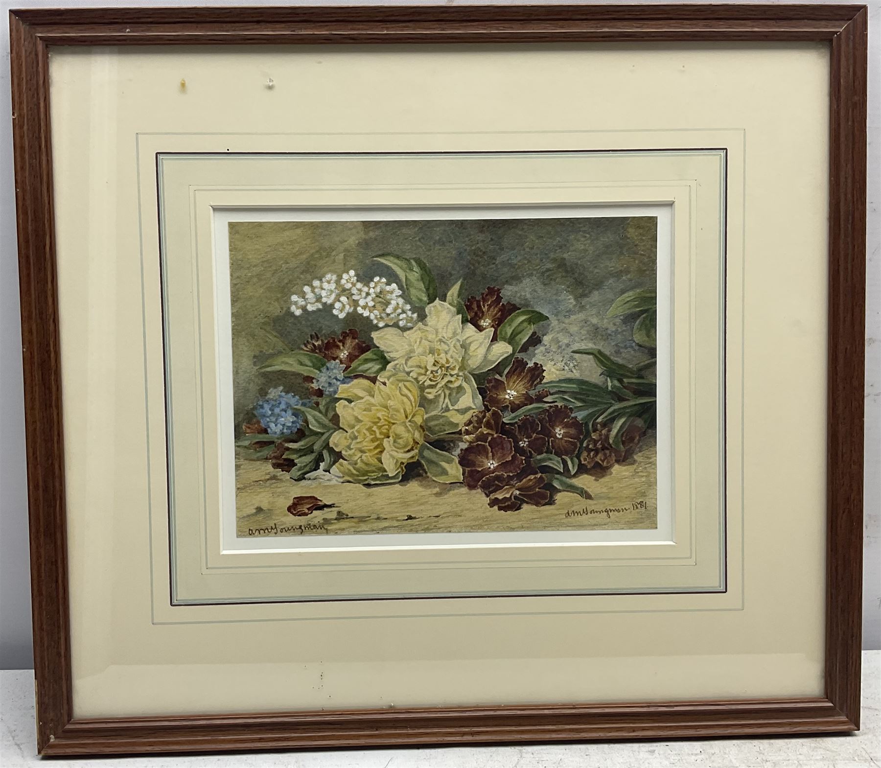 Annie Mary Youngman (British 1860-1919): Still Life with Forget-me-nots, watercolour signed twice and dated 1881, 14.5cm x 20cm