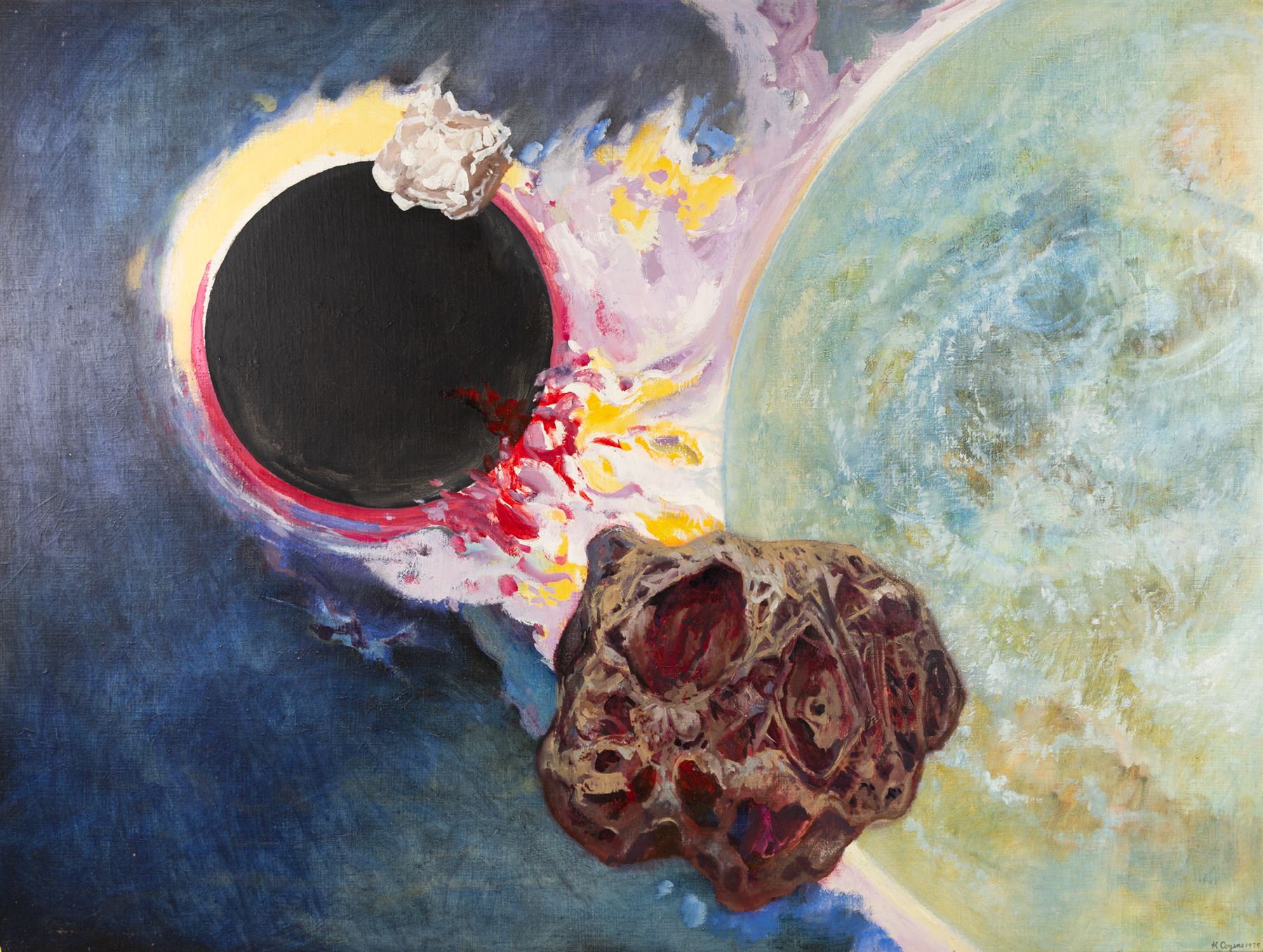 Kenneth Cozens (British 1920-2000): 'The Approach of the Black Planet', oil on board signed and dated 1979, titled verso 91cm x 122cm