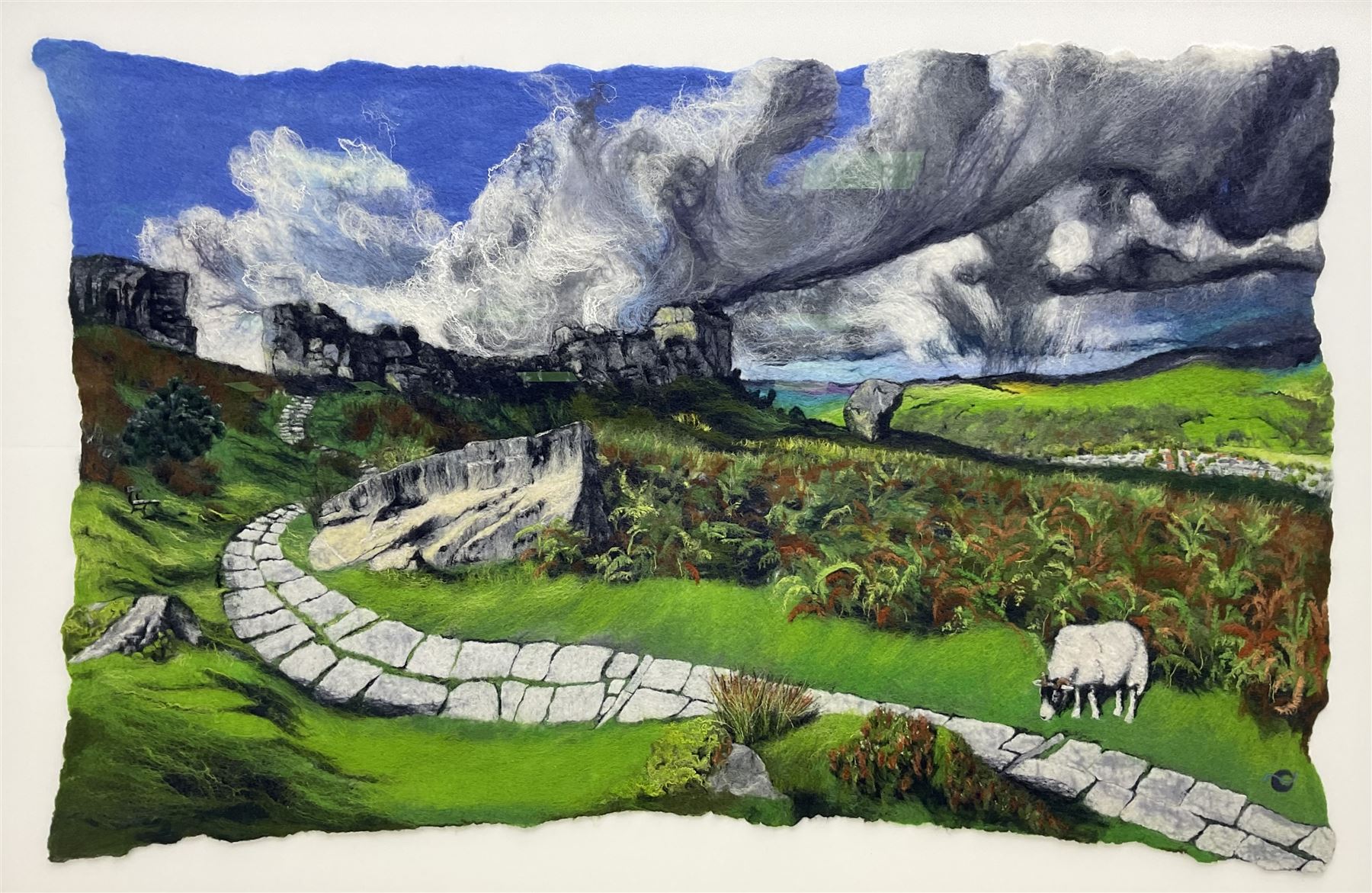 Bridget Bernadette Karn (Yorkshire Contemporary): ‘On the Edge of the Storm - Cow and Calf Ilkley’, wool and felt collage, signed titled and dated February 2021 verso 103cm x 162cm