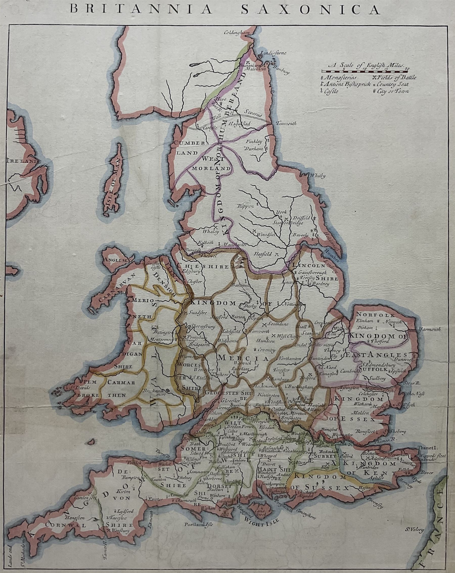 John Rapkin (British 1813-1899): Britannia Saxonica, 19th/20th century engraved map with later hand colouring originally pub. c1850, 39cm x 30cm 
