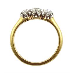 Gold old cut dimaond three stone ring, stamped 18ct, central diamond approx 0.40 carat, total diamond weight approx 0.80 carat