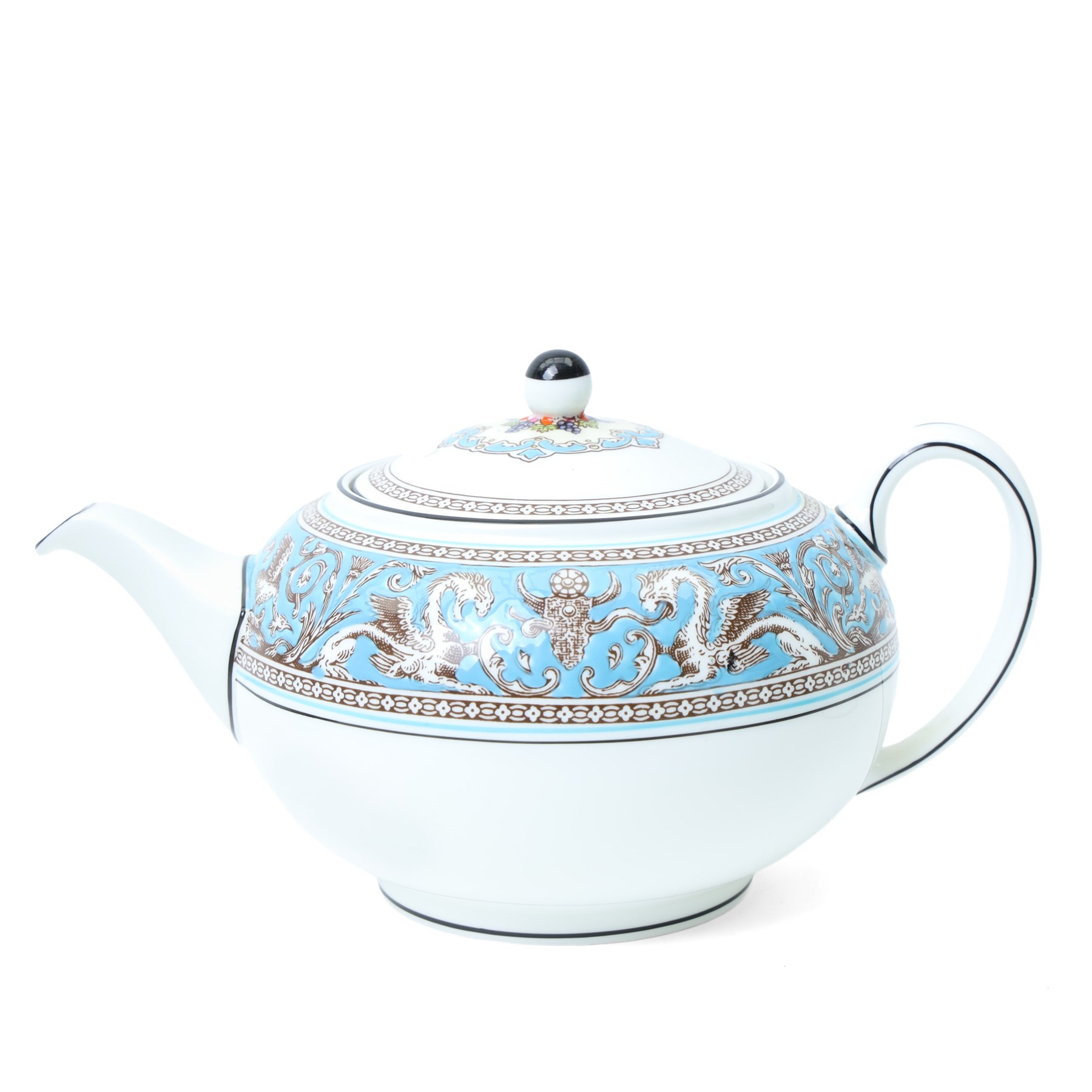 Extensive Wedgwood Turquoise Florentine part service tea, dinner and coffee service for six covers comprising six dinner plates, six dessert plates, six soup bowls and stands, pair of vegetable dishes and covers, gravy boat ad stand, oval meat plates, six tea cups and saucers, six coffee cans and saucers, six tea plates, teapot, coffee pot, sucrier and cover, sugar bowl, milk and cream jugs and cake plate, 72 pieces