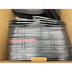 Tri-ang Scalextric - seven cars including pair of Jaguar D Types, pair of Austin Minis, Porsche and BRM racing cars etc; six various controllers and power unit, fencing, banking and bridge pillars, boxed kiosk, quantity of track and paperwork