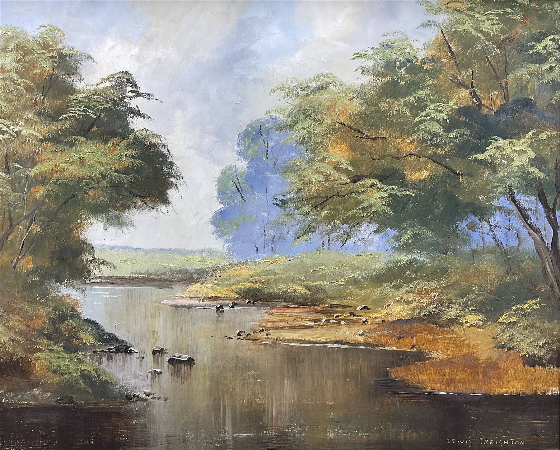 Lewis Creighton (British 1918-1996): River Landscape, oil on board signed 39cm x 48cm