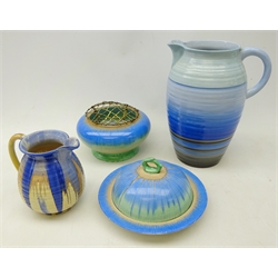  Four pieces of Shelley Art Deco Harmony drip glaze ceramics comprising a large jug of ribbed form, H26cm, smaller jug, footed rose bowl and muffin dish & cover (4)  