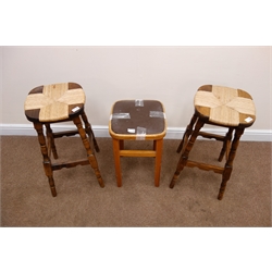  Pair oak bar stools, rush seat, turned supports joined by stretchers (H68cm) and another stool (3)  