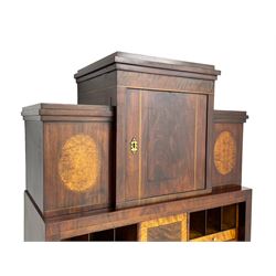 Early to mid-19th century figured mahogany Continental secrétaire à abattant, stepped top fitted with single cupboard, inlaid with oval figured amboyna panels, the fall front inlaid with shell motif enclosing a satinwood interior fitted with cupboard, drawers, and pigeon holes, three long drawers below, on square tapering feet