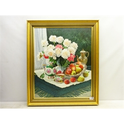  Gregori (Lysechko) Lyssetchko (Russian 1939-): Still Life of Flowers Fruit and Tea ware, oil on canvas signed and dated 2001, 72cm x 59cm  DDS - Artist's resale rights may apply to this lot    