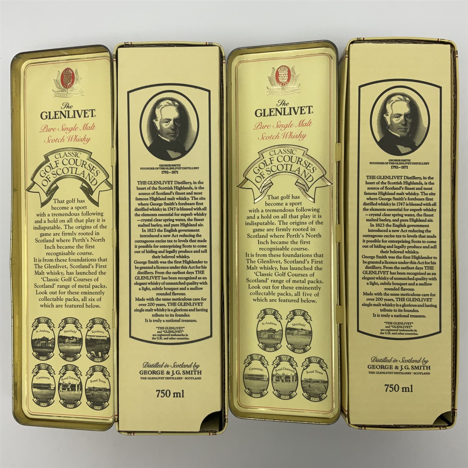 Two Glenlivet 12 year old, single malt Scotch whisky, 700ml 70% vol, each in original Classic Golf Clubs of Scotland presentation tin, Royal Troon and Royal Dornoch