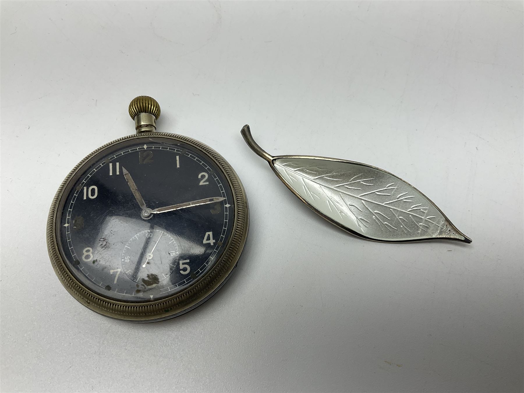 Norweigian silver enamel leaf brooch by David Andersen, together with a military issue pocket watch and a collection of costume jewellery including pair of clip on earrings by Butler & Wilson, beaded jewellery, brooches, etc