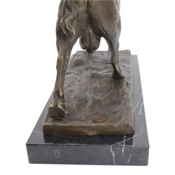Bronze figure, modelled as a prancing bull, signed Milo, upon a marble rectangle base, base W36cm 