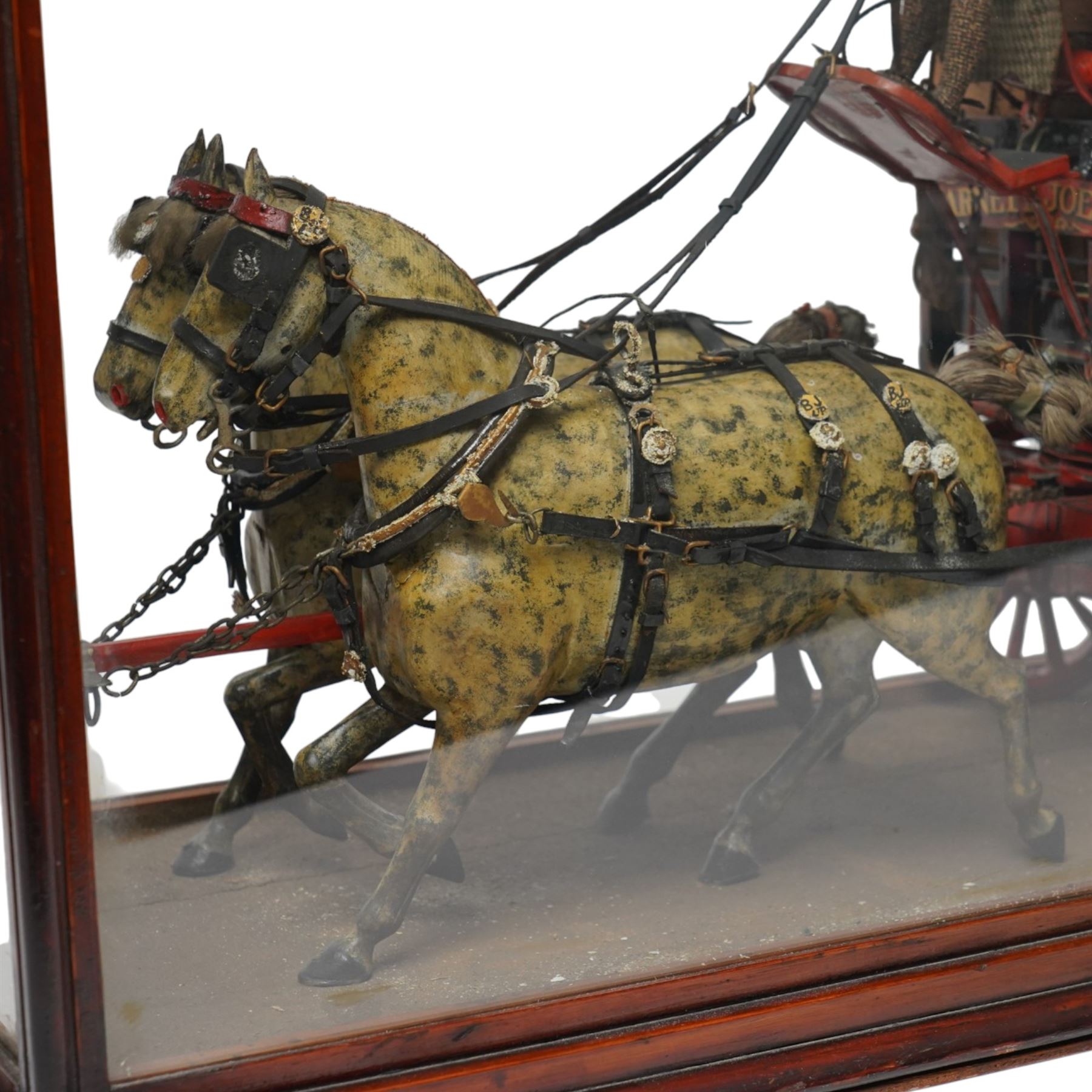 Victorian scratch built advertising model for Barnett Joel Ltd, by George Ivory  dated 1894, modelled as a horse drawn delivery wagon within a glazed display case, the hand painted cart laden with 'Best wick kippers' from various suppliers, pulled by two carved and dapple grey painted horses in full rig, upon a sanded base, with hand written makers label