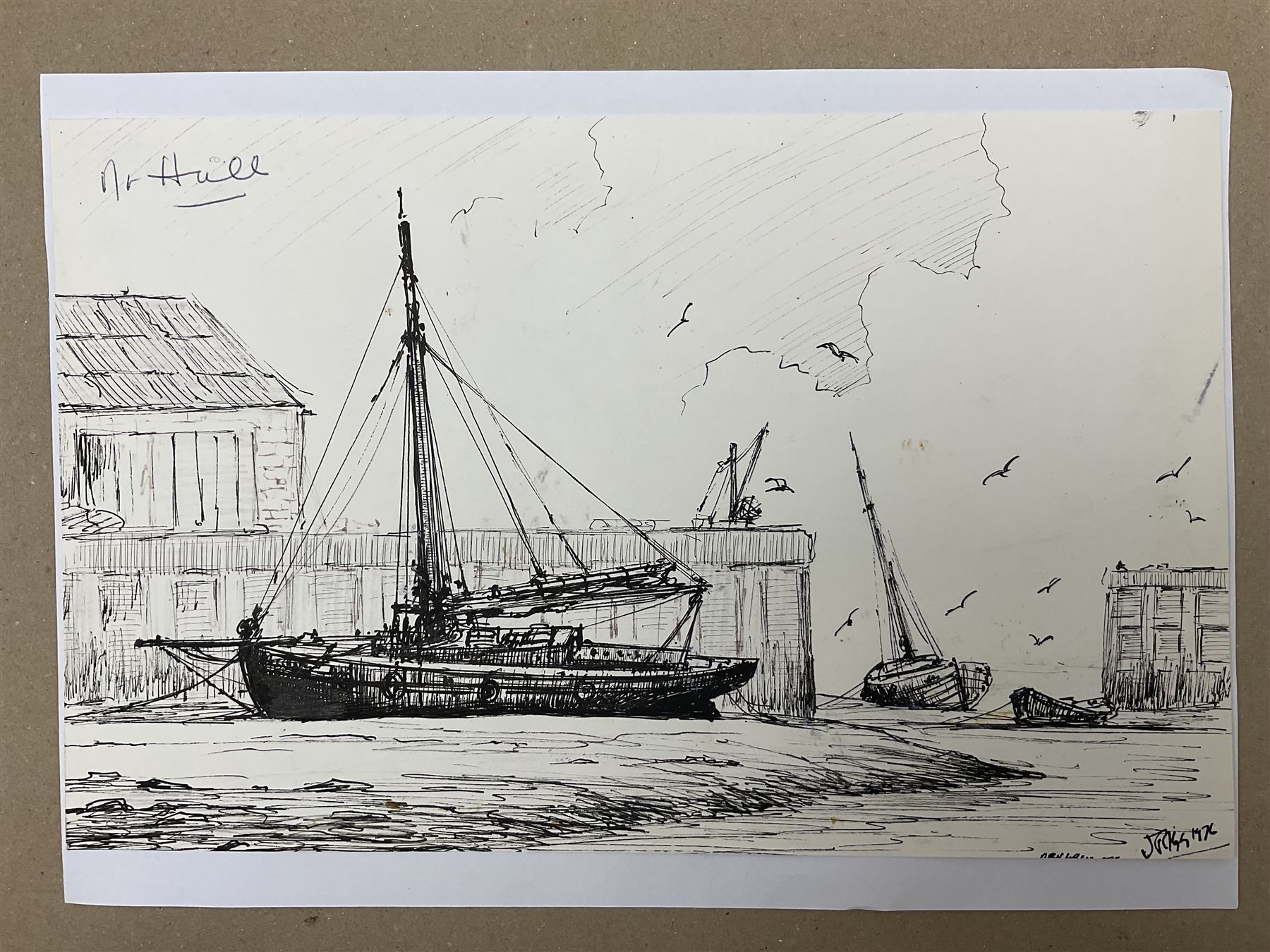 Jack Rigg (British 1927-2023): Entrance to the Humber Dock 'Near Hull', pen and ink sketch signed and dated 1976, titled later 18cm x 29cm (unframed)