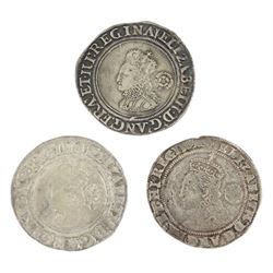 Three Elizabeth I hammered silver sixpence coins, dated 1561, 1563 and 1573
