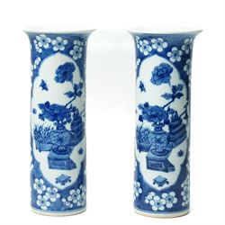 Pair of Chinese 19th century blue and white sleeve vases, the body painted with panels of ...