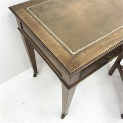 *Maple & Co - Edwardian mahogany writing table, moulded rectangular top inset with leather, two drawers, on square tapering supports with brass castors, with chair, W107cm, H78cm, D61cm