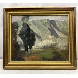 Herbert Hicks (American 20th Century): The Foot of the Mountain, oil on board unsigned, artists address label verso 32cm x 40cm; Continental School (Late 20th Century): Summer at the Town House, watercolour indistinctly signed 22cm x 28cm (2)