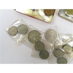  Collection of mostly Great British coinage including various brass threepence pieces three being 1949, various pre-decimal coins, fifteen Bank of England one pound notes, other banknotes, commemorative crowns, three proof sets dated 1970, 1971, 1981 and 1982 etc  