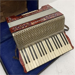  RTV - German Hohner Carmen-Vineta piano accordion with decorative red pearline finish, twenty keys and twenty-four buttons W24cm in carrying case  