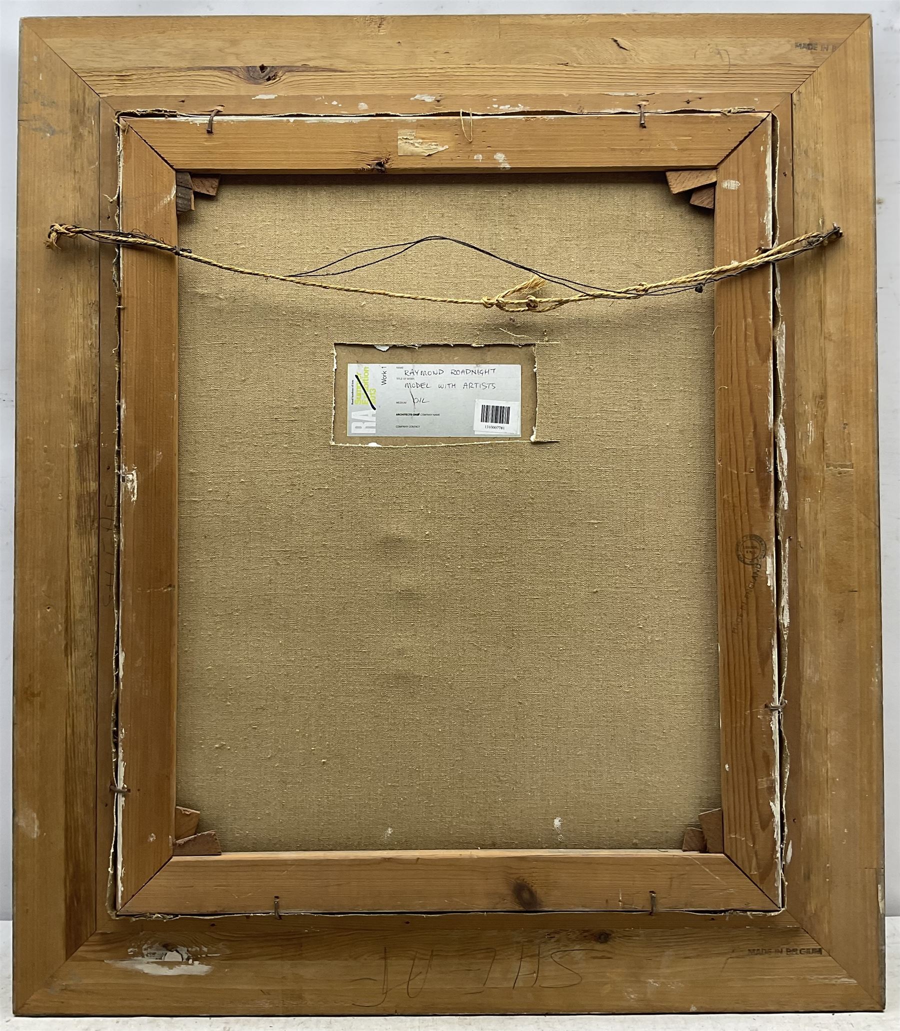 Raymond Arthur Roadnight (British 1941-): 'Model with Artists', oil on board laid on to canvas signed, titled on Royal Academy label verso 62cm x 51cm 
Provenance: the artist's studio collection. Born in High Wycombe, Roadnight spent three years training under Patrick Reyntiens and John Piper creating stained glass windows for Liverpool and Coventry cathedrals. These works included the great baptistry window in the New Coventry Cathedral, the 'Lantern' atop the Catholic Cathedral in Liverpool, and the grand windows in Oundle School Chapel. He has exhited at Royal Academy, Alfred East Gallery, Chichele College in Higham Ferriers, and Burleighfield House in Loudwater.