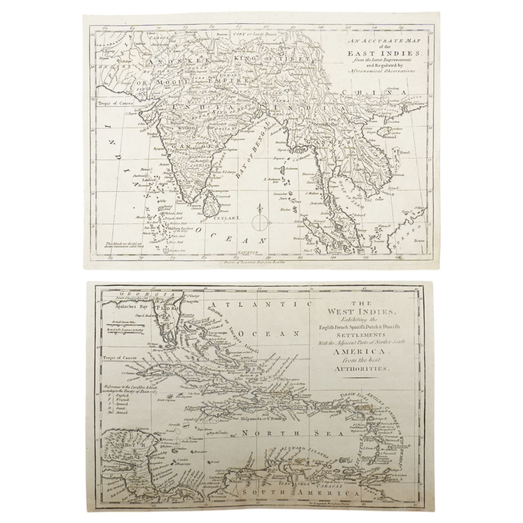 Thomas Bowen (Welsh 1733-1790): 'The West Indies exhibiting the English French Spanish and Danish Settlements' and 'An Accurate Map of the East Indies', pair 18th century engraved maps max 22cm x 31cm (2) (unframed)
Provenance: consigned by English Heritage