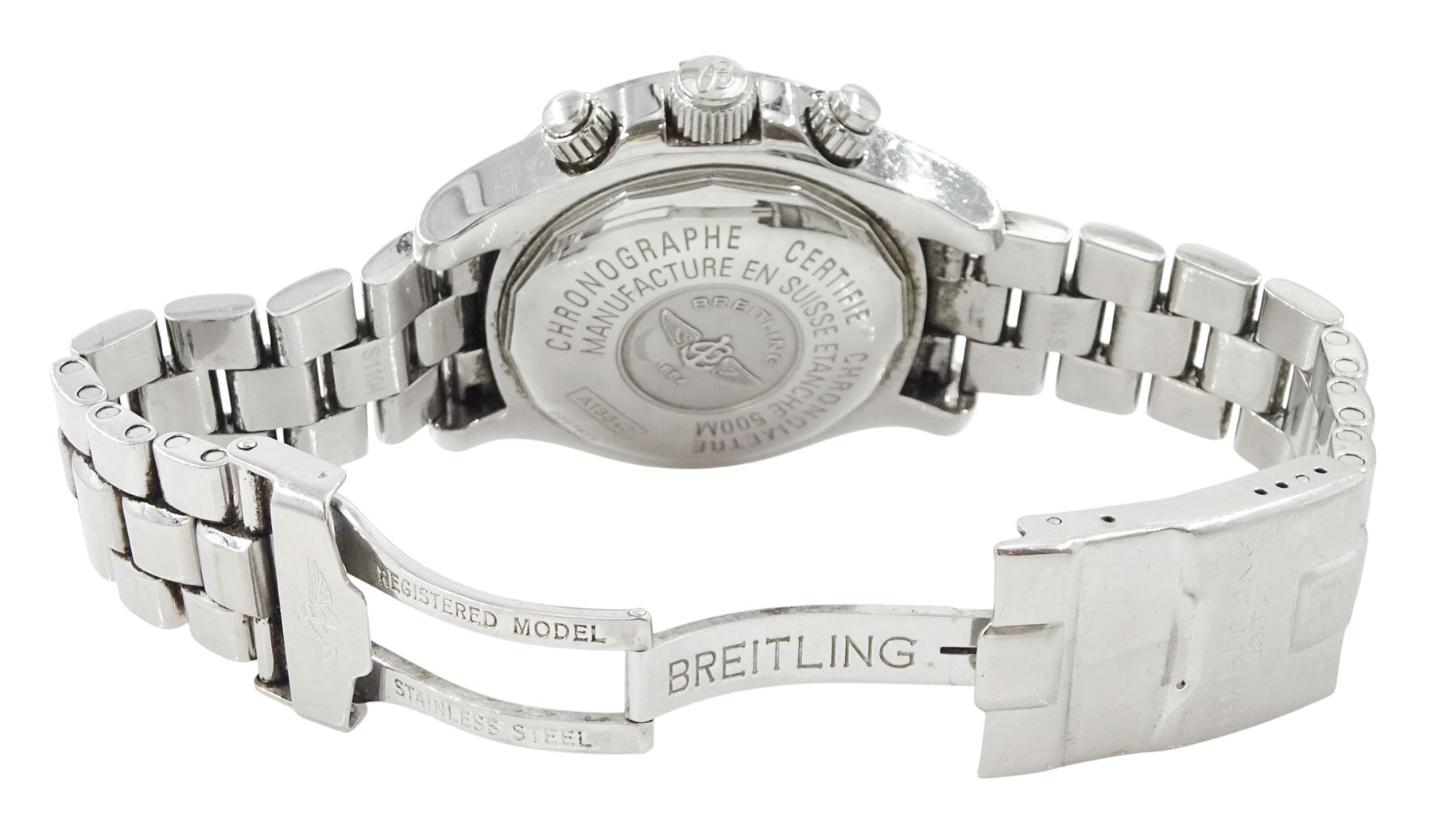 Breitling Superocean gentleman's automatic chronograph wristwatch, Ref. A133340, silvered dial with blue subsidiary seconds dials, on original stainless steel bracelet, with fold-over clasp, boxed with additional links and warranty card dated 2009