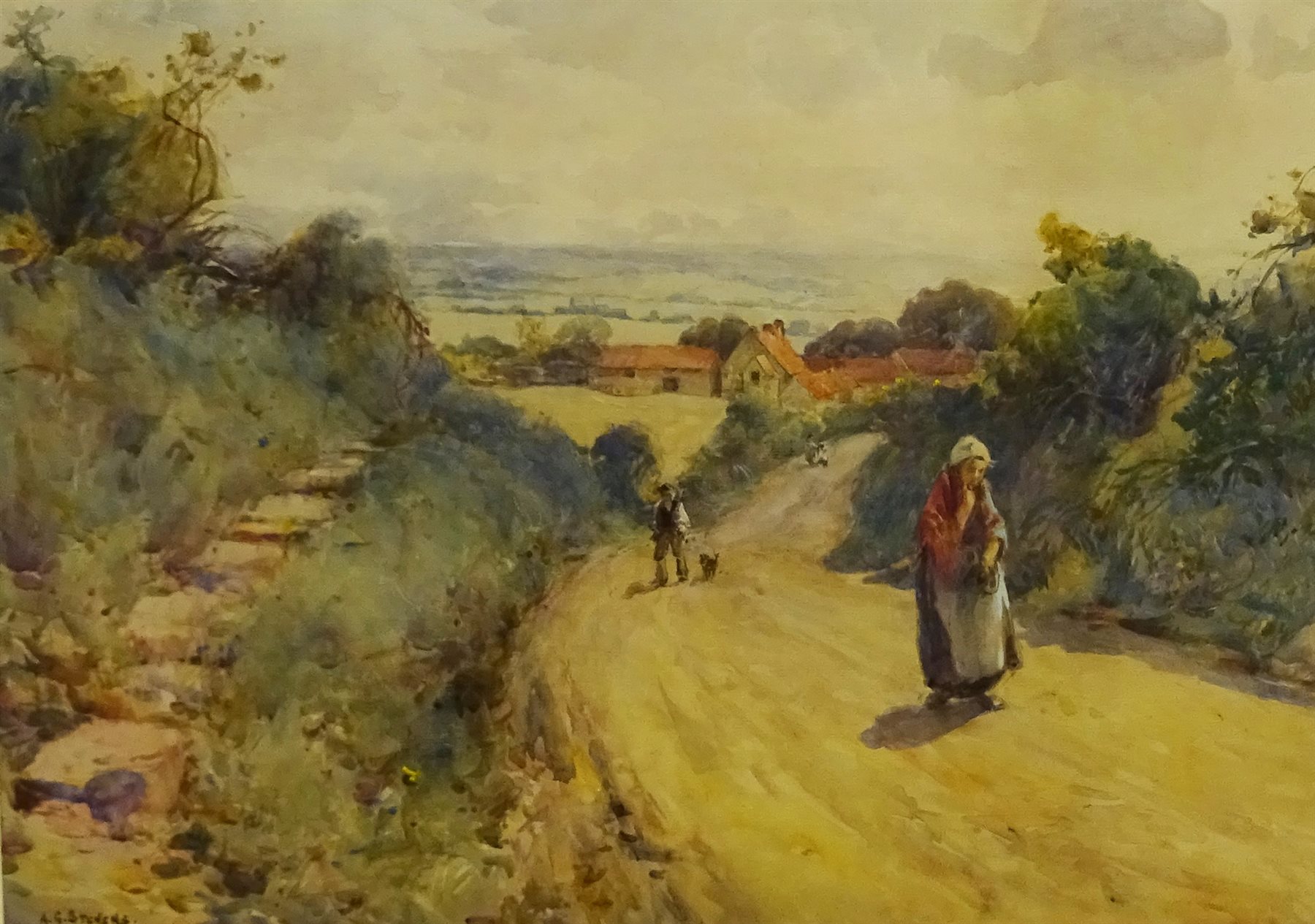 Albert George Stevens (Staithes Group 1863-1925): Figures on a Yorkshire Lane, watercolour signed 35cm x 49cm