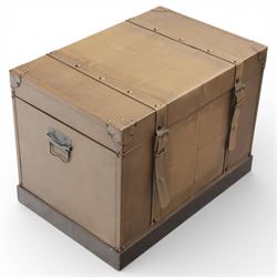 Contemporary leather trunk with handles and bedside table of similar design, three drawers with leather strap handles and leather corners Trunk: H 45cm, D 40cm, W 61cm Bedside table: H 69cm, D 51cm, W 52cm