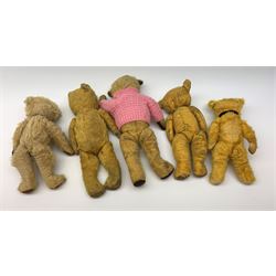Five English teddy bears 1930s-50s including Chad Valley with swivel jointed head, glass type eyes and vertically stitched nose and mouth and jointed limbs with felt paw pads H14