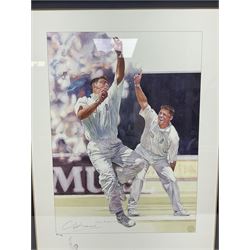 Two signed Yorkshire County cricket bats, bearing signatures including Anthony McGrath, Jacques Rudolph, Michael Vaughn and Matthew Hoggard, etc, both within glazed presentation boxes, box H86.5cm, together with a framed Darren Gough signed presentation print by Gary Keane