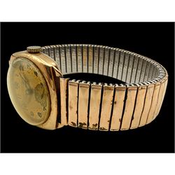 J W Benson 9ct rose gold manual wind wristwatch, the back case engraved with initials CM, Birmingham 1942, on expanding gilt strap 