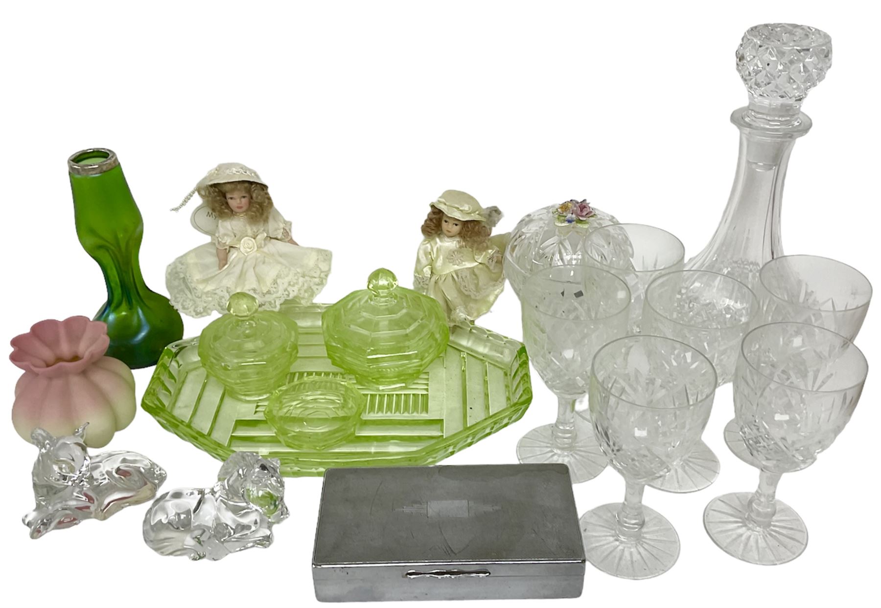 Uranium glass dressing table, bleikristall horse figures, dimple vase with silver collar, etc 