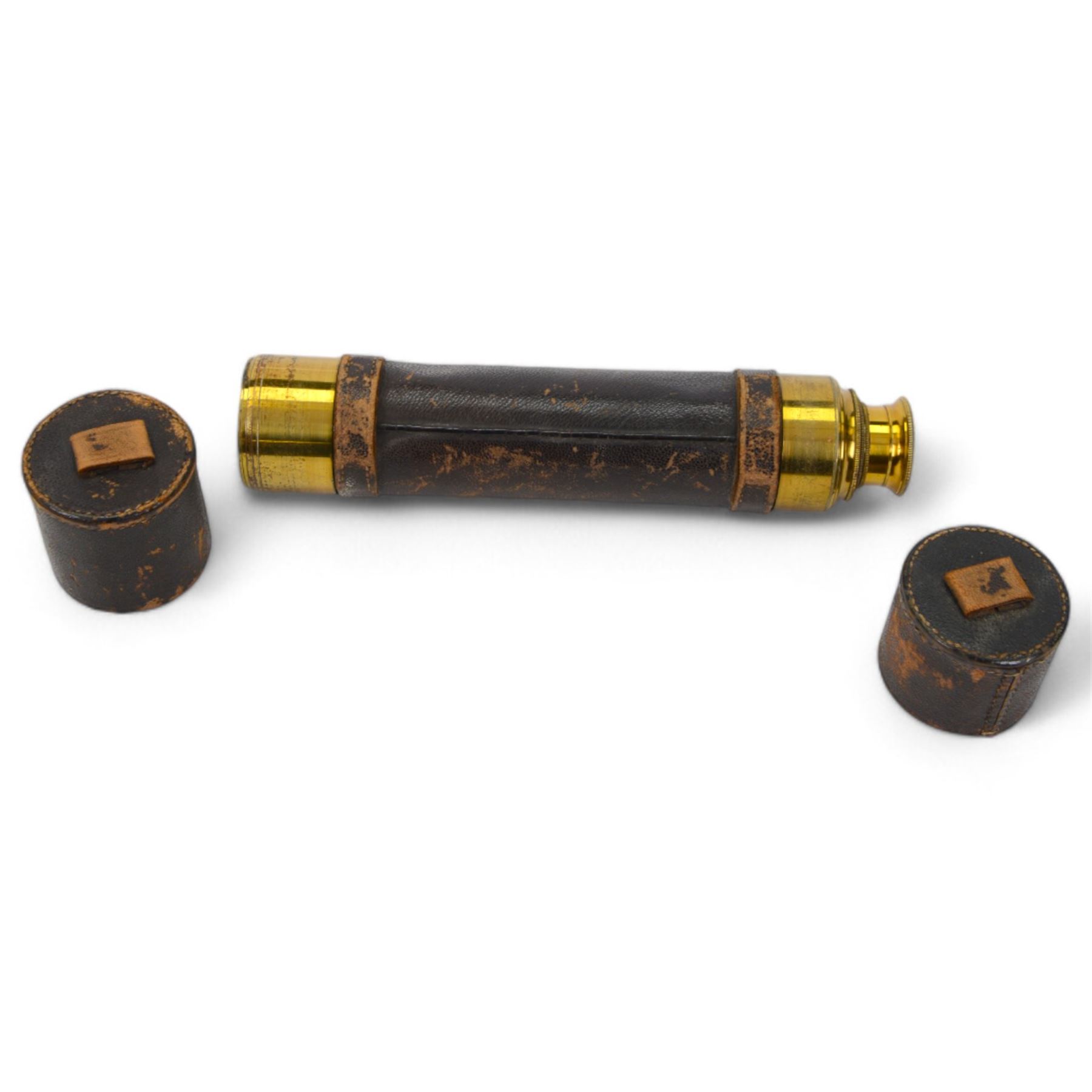19th century brass and leather bound three draw telescope, with removable leather covers to each end, full length