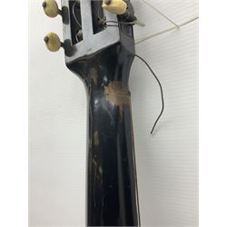 19th century Continental parlour guitar for restoration or display, with maple back and sides,  spruce top, scalloped neck and bone pegs; bears inset plaque to head 'Lapaix Paris 1830' and 'John Eastwood Teacher of the Guitar' paper label with manuscript note 'Fine Old Guitar Restored 1888 by JCB Leeds' L92cm