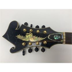 Eastern eight-string mandolin with red sunburst finish and mother-of-pearl inlay of eagles, clouds, trees etc L86cm; in fitted hard carrying case
