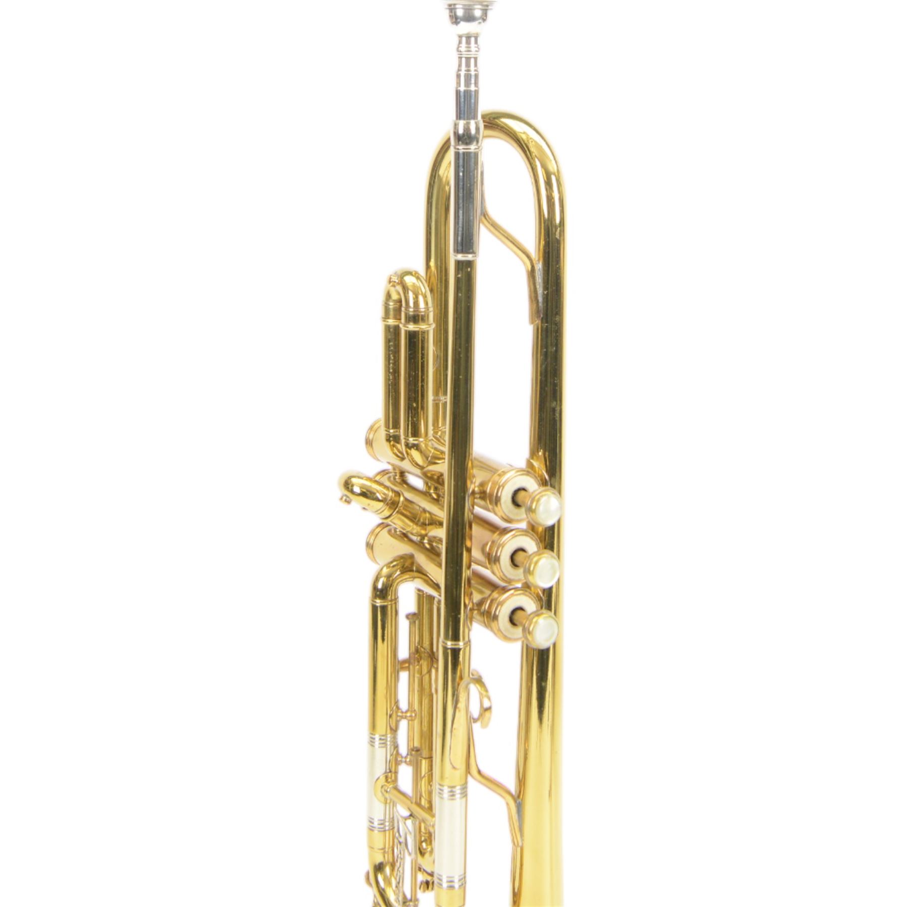 Besson brass trumpet, with three piston valves and finger hook, heavily lacquered finish with mouthpiece, within a velvet lined hard case