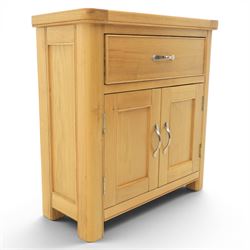 Modern oak living room set comprising; a small side cabinet, corner TV stand and coffee table, cabinet with single drawer and cabinet, finished with metal handles (H 80cm, D 32cm, W 80cm), TV stand with open recess and rear aperture for wires, above nine drawers with chrome pulls (H 62cm, D 50cm, W 84cm)  coffee table with curved edges and full length undertier (H 50cm, D 60cm, W 90cm)  