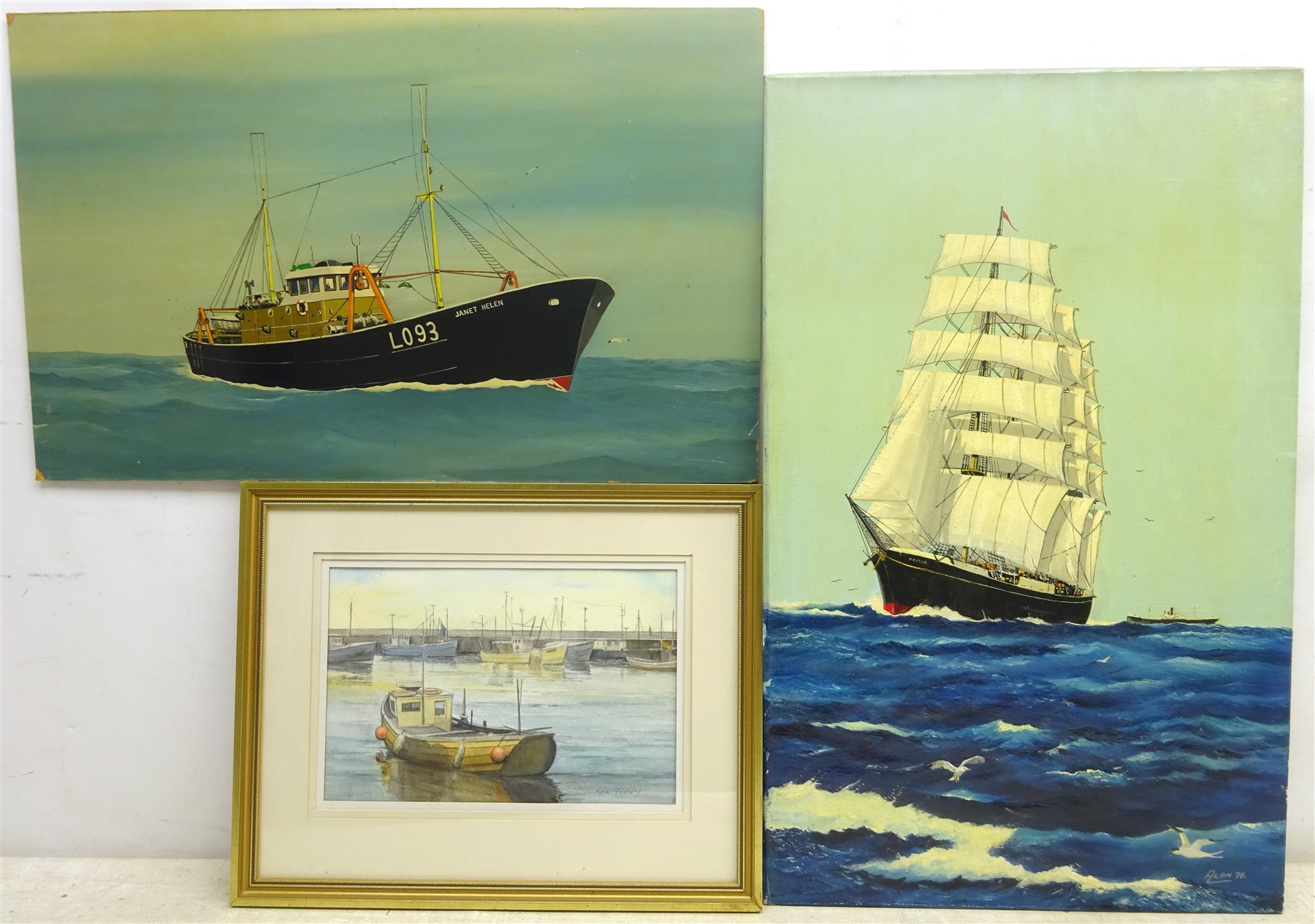Ken Perry (British 20th century): Bridlington Harbour, watercolour signed, and Alan (British 20th century): Ship's Portraits, two oils on board, one signed and dated 1967, max 68cm x 42cm (3)